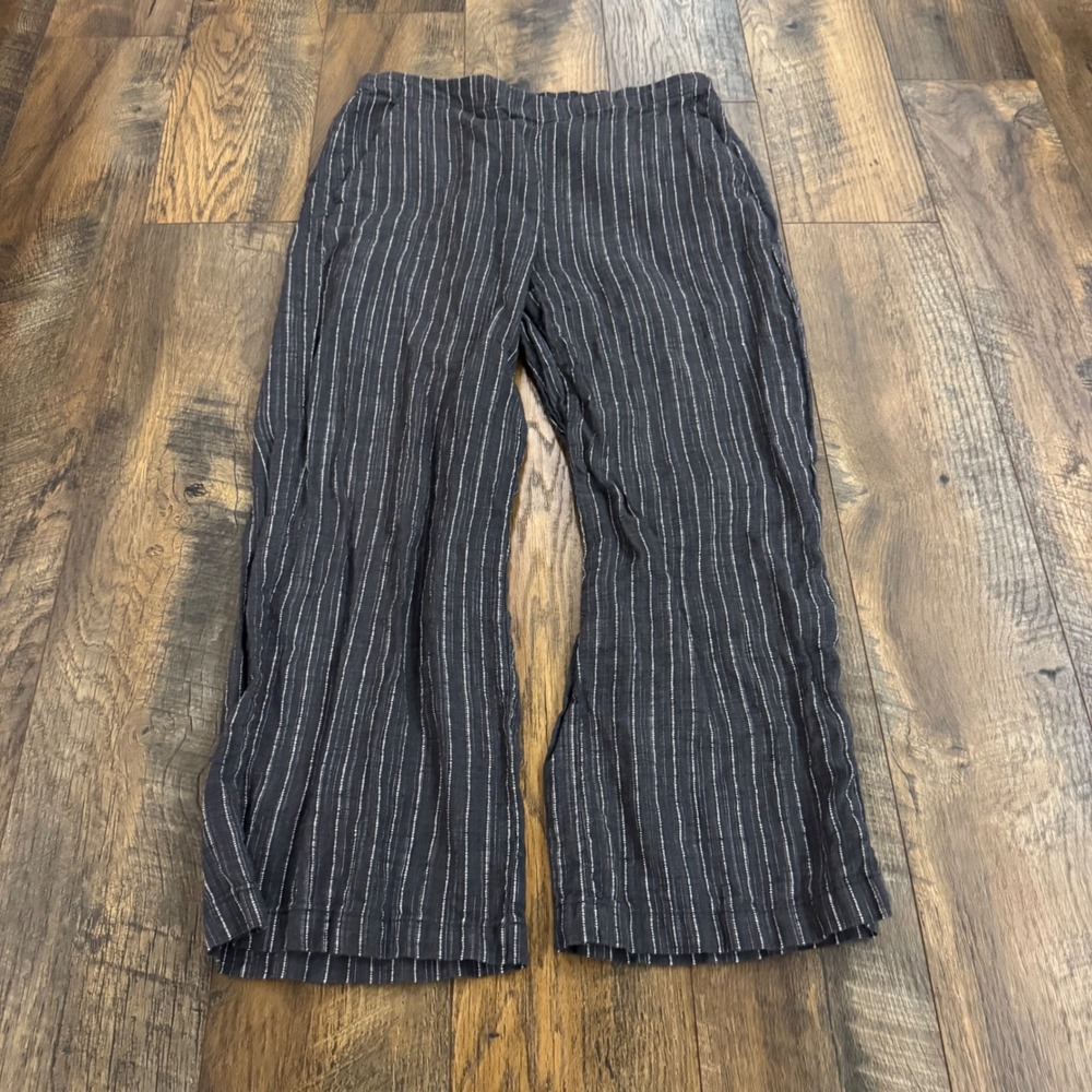 Eileen Fisher Organic Linen Pinstripe Wide Leg Pants Grey XS Vacation Coastal